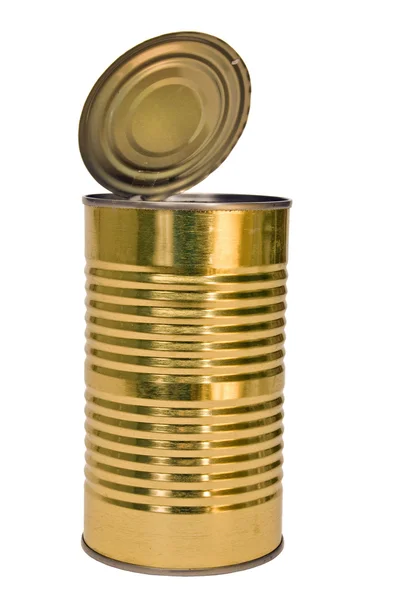 Vertical Shot Of Gold Colored Metal Tin Can Isolated On White — Stock Photo, Image