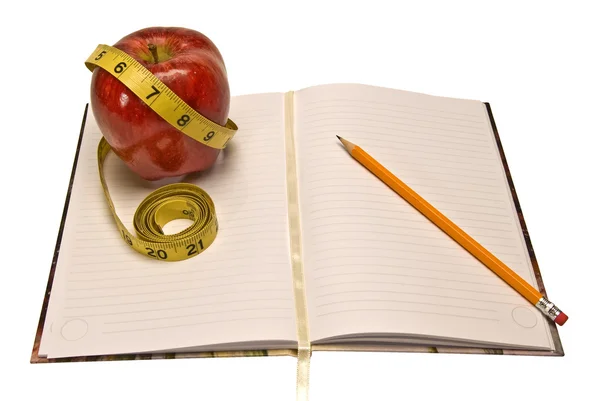 Diet Journal With Apple And Measuring Tape — Stock Photo, Image