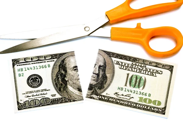 Concept Of Cutting Costs Scissors Cutting Money — Stock Photo, Image