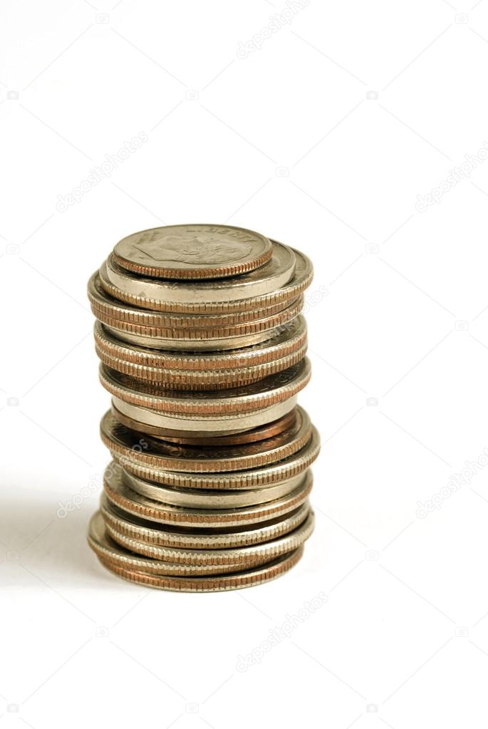 Stacked Coins With Shadow On White Background