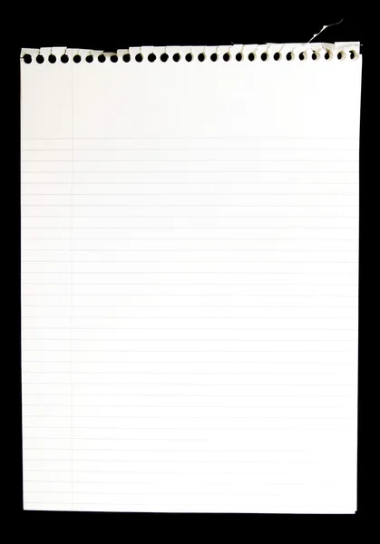 Página en blanco arrancada del cuaderno en espiral sobre fondo negro — Foto de Stock