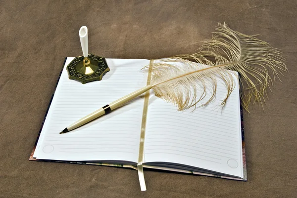 Beautiful Opened Blank Journal With Feathered Pen — Stock Photo, Image