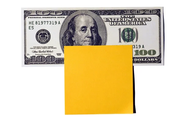 Hundert-Dollar-Schein oder Geld mit gelbem Klebezettel — Stockfoto