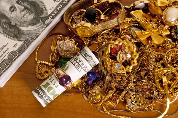 Hundred Dollar Bill NOT REAL Inside A Gold Ring With Cash And Gold Jewelry