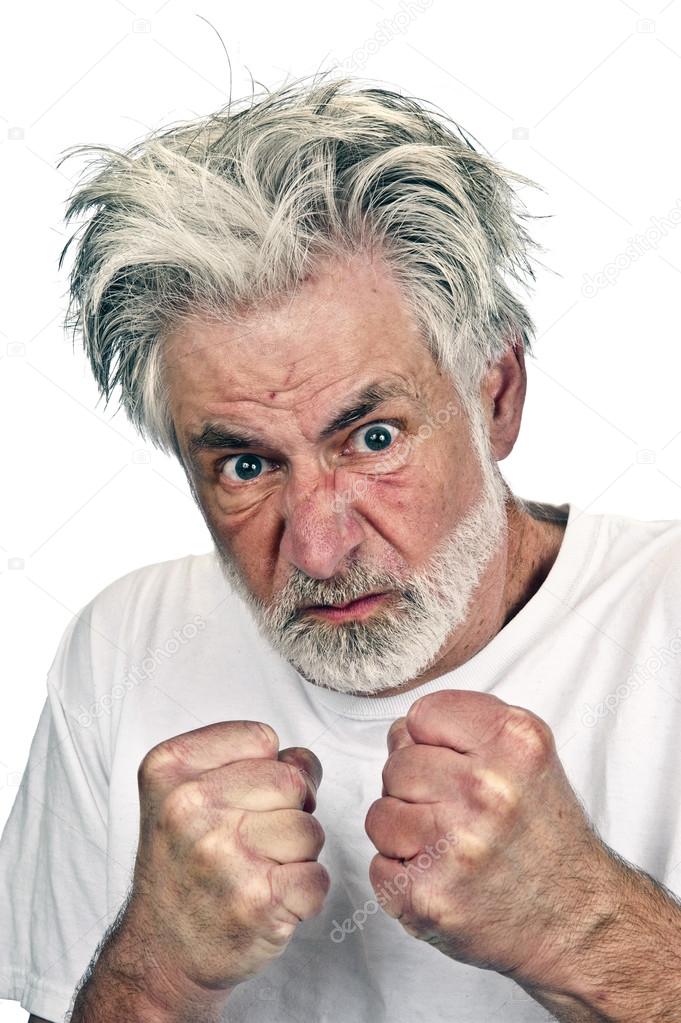 Portrait Of Crazy Old Man Ready To Fight