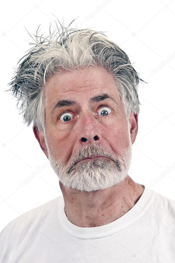 Crazy Expression On Old Man Isolated On White