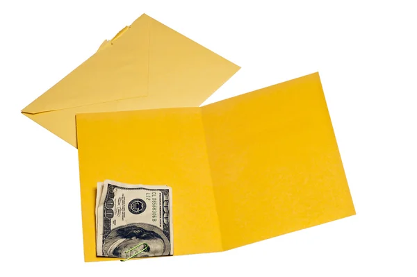 Blank Inside Of Yellow Greeting Card With Folded Currency — Stock Photo, Image