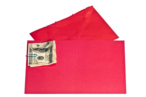 Tarjeta de felicitación roja en blanco con billete de cien dólares — Foto de Stock