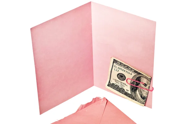 Blank Pink Greeting Card With Fictitious Exact Copy Of Hundred Dollar Bill — Stock Photo, Image