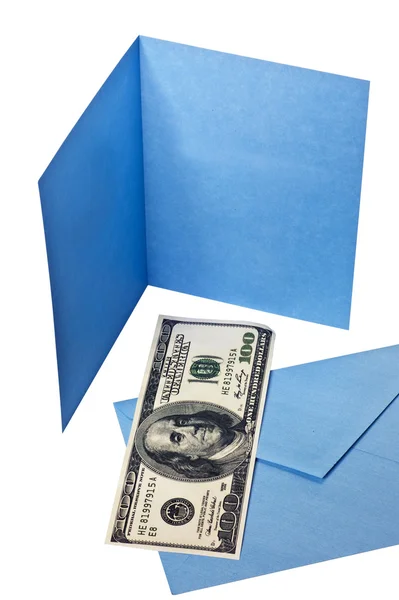 Blank Blue Greeting Card With Fictitious Exact Copy Of Hundred Dollar Bill — Stock Photo, Image