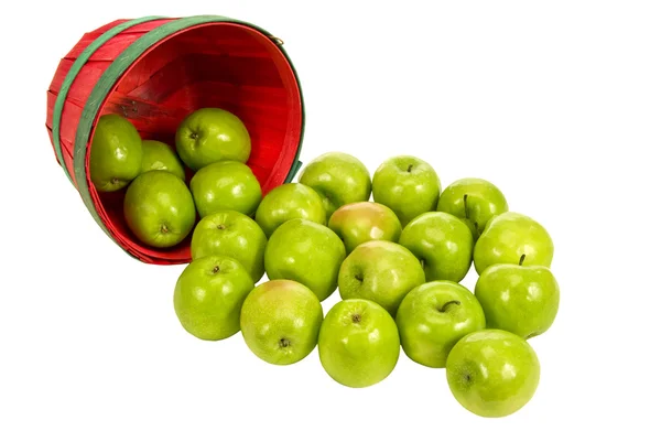 Basket Of Green Apples Spilling Out On White Background — Stock Photo, Image
