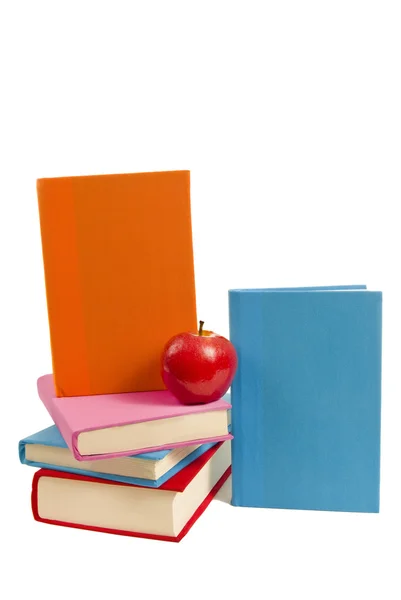 Čtení je zdravé a zábavná sada kryté knih s červené jablko — Stock fotografie