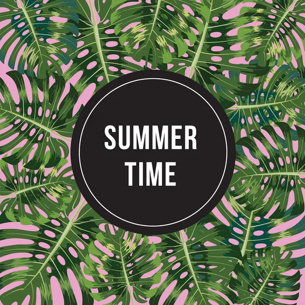 Afiche hora de verano. Texto con círculo negro en hojas de palma backgr — Vector de stock
