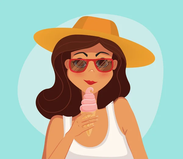 Καλοκαίρι κορίτσι τρώγοντας ένα παγωτό. Καρτούν εικονογράφηση φορέα. — Διανυσματικό Αρχείο