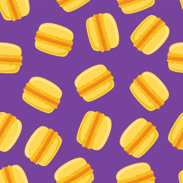 Bezešvé vzor s žlutým zákusek makarónek cukroví na fialovou. Vektorové ilustrace. — Stockový vektor