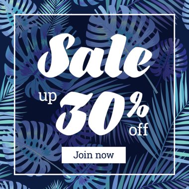 Yaz Satılık. Web-başlık sayfası veya poster palmiye yaprakları ile. EPS 10