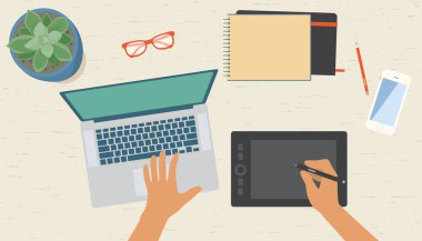 Grafik tasarımcı işyeri Üstten Görünüm