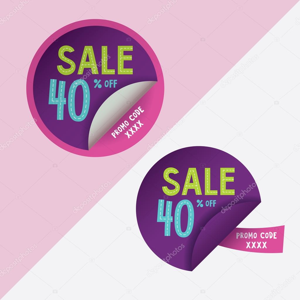 Two round stickers with 40 per sent discount and promo code for web site, for web banners.