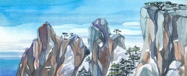 Mountain landscape on a background of blue sky in watercolor.