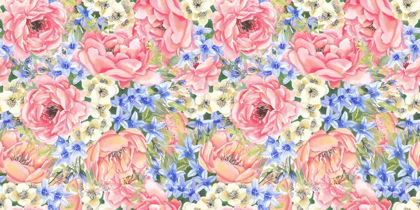 Nahtlose Muster Sommerblumen Pfingstrosen, Billionen, Apfelblüten, Blätter. — Stockfoto