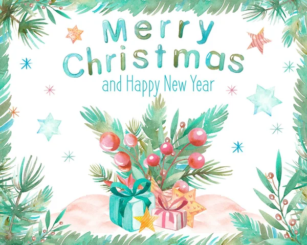 明信片圣诞快乐，新年快乐，框架由松树和云杉树枝制成 — 图库照片