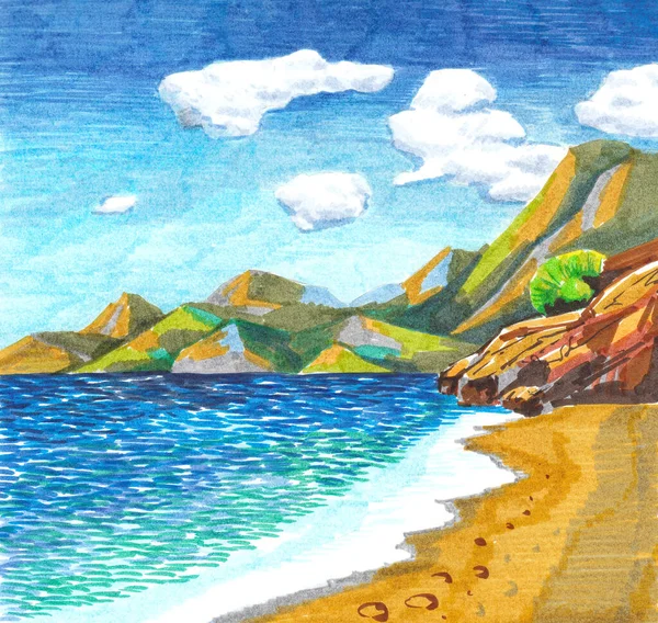 Seascape com marcadores, montanhas na costa com ondas. — Fotografia de Stock