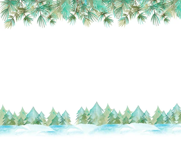 Frohe Weihnachten und ein gutes neues Jahr Hintergrund unten gibt es Silhouetten von Weihnachtsbäumen im Schnee, an der Spitze sind Kiefernzweige, in der Mitte gibt es einen Platz für Text. — Stockfoto