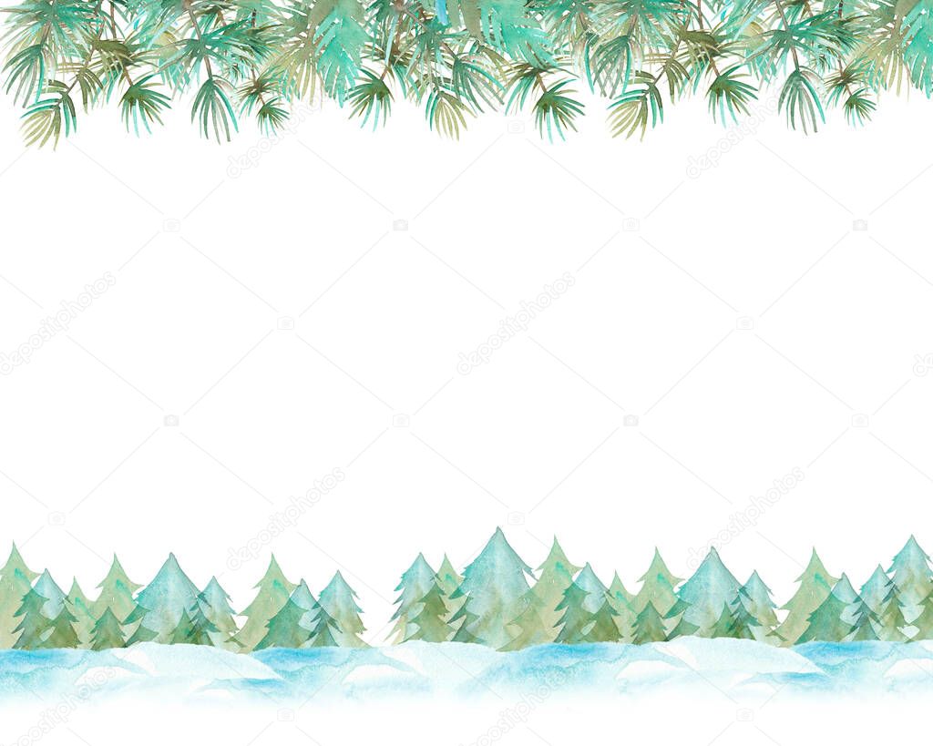 Merry Christmas and Happy New Year background at the bottom there are silhouettes of Christmas trees in the snow, at the top are pine branches, in the center there is a place for text. 