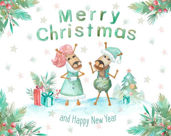 Feliz Navidad y feliz año nuevo tarjeta de felicitación acuarela. Dos caballos sonrientes junto a un árbol de Navidad festivo Fotos de stock libres de derechos