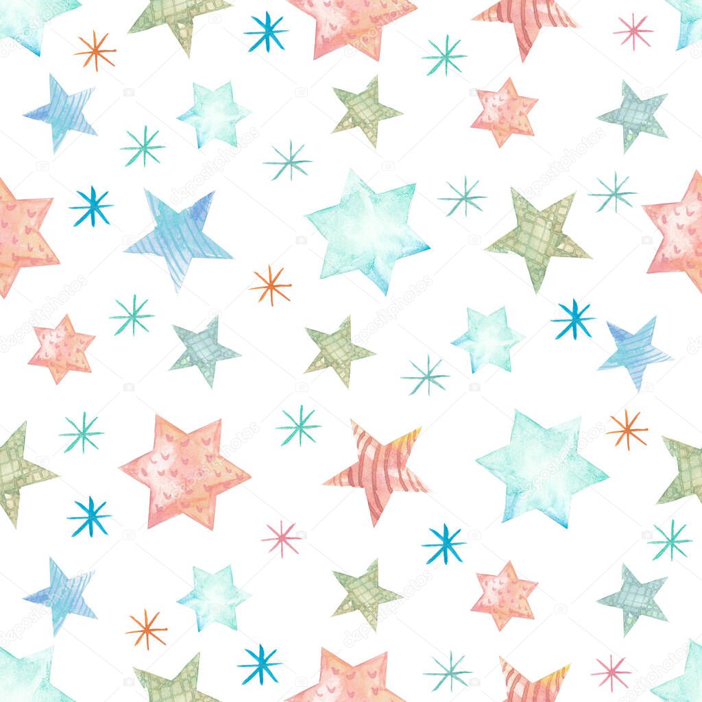 Seamless pattern New Years and Christmas colored stars and snowflakes on a white background.