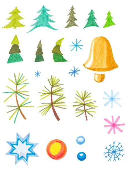 Een set tekeningen met viltstiften voor Kerstmis en Nieuwjaar, kerstbomen, dennentakken, sneeuwvlokken, sneeuwballen, bel. — Stockfoto