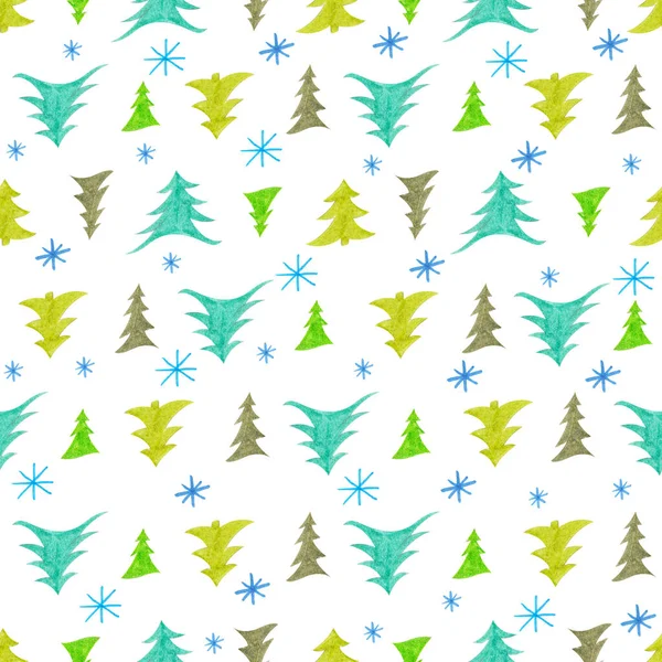 New year and Christmas seamless pattern, green Christmas trees of different shapes and snowflakes. — Stock Photo, Image