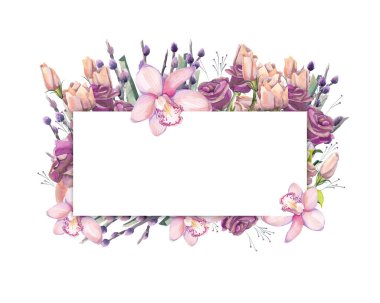 Etrafta orkide çiçekleri, beyaz arkaplanda suluboya resimler olan boş bir kart.. 