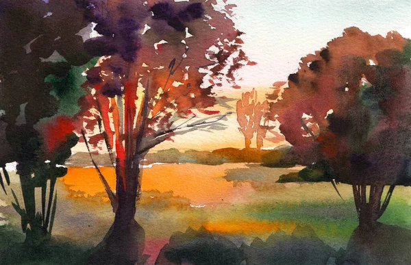 Gün batımında bir tarlada suluboya çizim ağaçları. — Stok fotoğraf