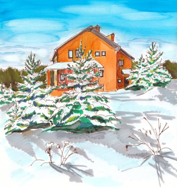 Orange country house in winter with snow-covered fir trees and blue sky. 