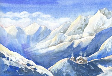 Mountain landscape in watercolor. Snow-capped peaks of blue mountains, houses in the snow in the foreground, smoke comes from the chimneys, sunny weather.