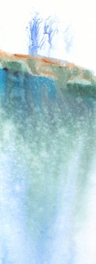 Soyut suluboya manzara, arka plan baskısı. Tepede ağaçlar, çağlayan şelalenin altında. 