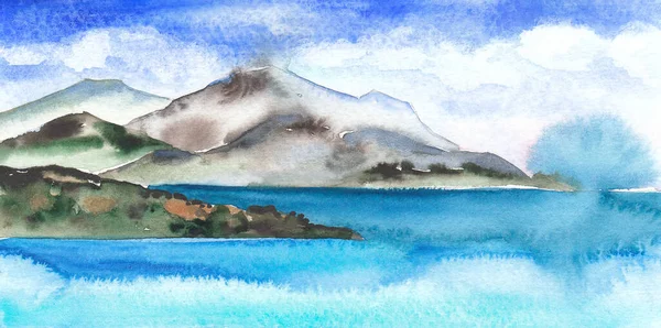 Paisaje marino en acuarela, boceto. El mar sobre el fondo de las montañas de color gris verdoso, manchas de pintura, colores claros. — Foto de Stock