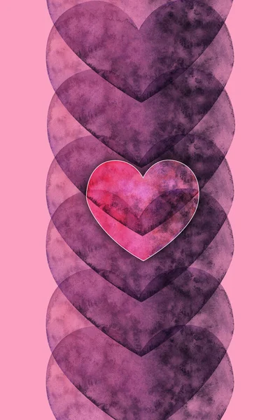 Tło jest różowy, w środku jest pionowy pasek fioletowy przezroczyste serca, w środku jest różowe serce. — Zdjęcie stockowe