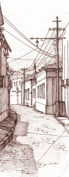 Paesaggio urbano. Strada della città vecchia con un lampione, fili tra le case. Disegno a penna, liner, grafica su sfondo bianco. — Foto Stock