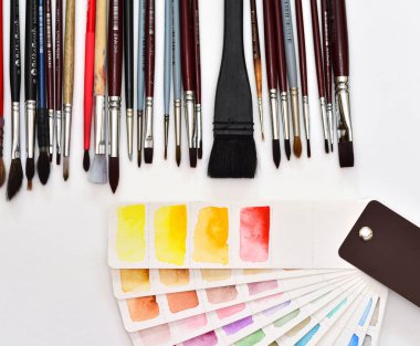 Beyaz kağıt üzerinde suluboya palet, bir dizi fırçanın yanında serpilmiş. Beyaz bir kağıdın üzerinde.