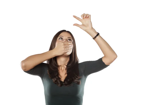 Woman holding imaginary object — Stock Photo, Image