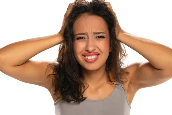 Young Nervous Dark Skinned Woman Messy Hair White Background — Stock Photo, Image