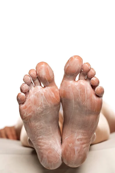 Female Feet Foot Mask Them White Background — Stock Photo, Image