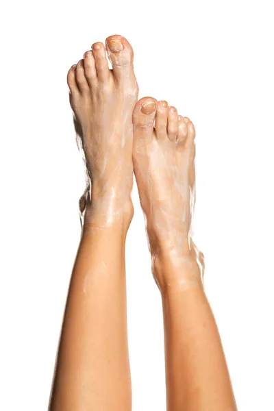 Жіночі Ноги Маскою Ніг Білому Тлі — стокове фото
