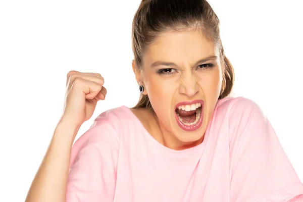 Portrait Young Angry Woman White Background — Stock Photo, Image