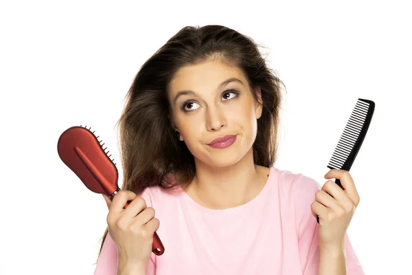 Young Woman Messy Hair Holding Comb Hair Brush White Background — Stock Photo, Image