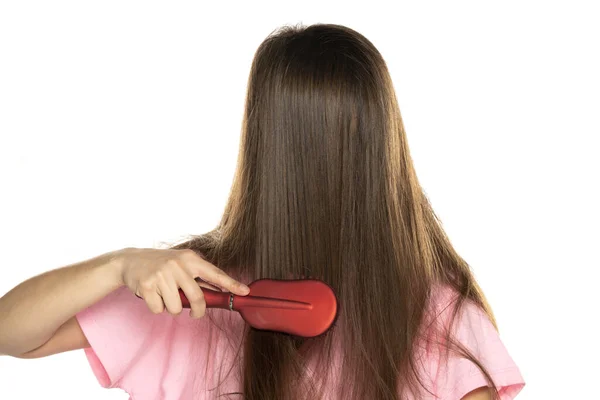 Woman Combing Hair Her Face White Background — Stock Photo, Image