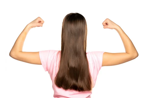 Вид Сзади Молодой Женщины Длинными Волосами Показывающей Руки Белом Фоне — стоковое фото