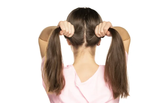 Back View Young Woman Ponytails White Background — Stock Photo, Image